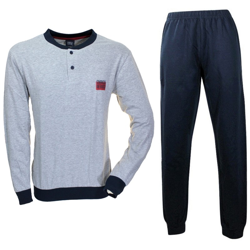 Enrico Coveri Pyjama Homme Coton Jersey Manches Longues Gris et Bleu1011
